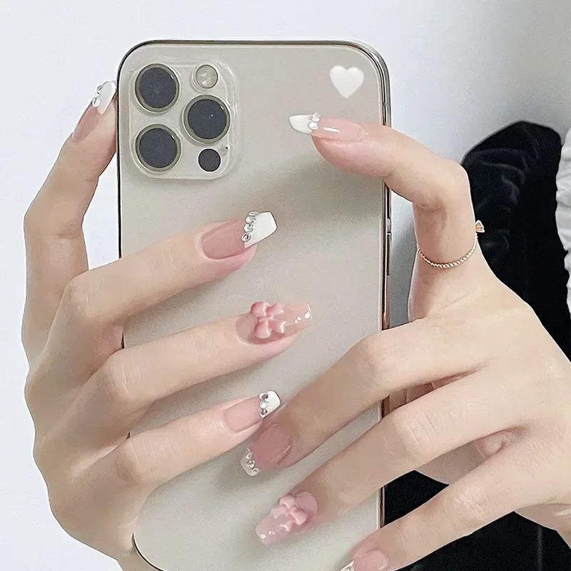Fake Nails 24 Pcs Pink Press on Nail Designs Art Long Tips False Forms with Glue Stick Stickers Reusable Acrylic Artificial