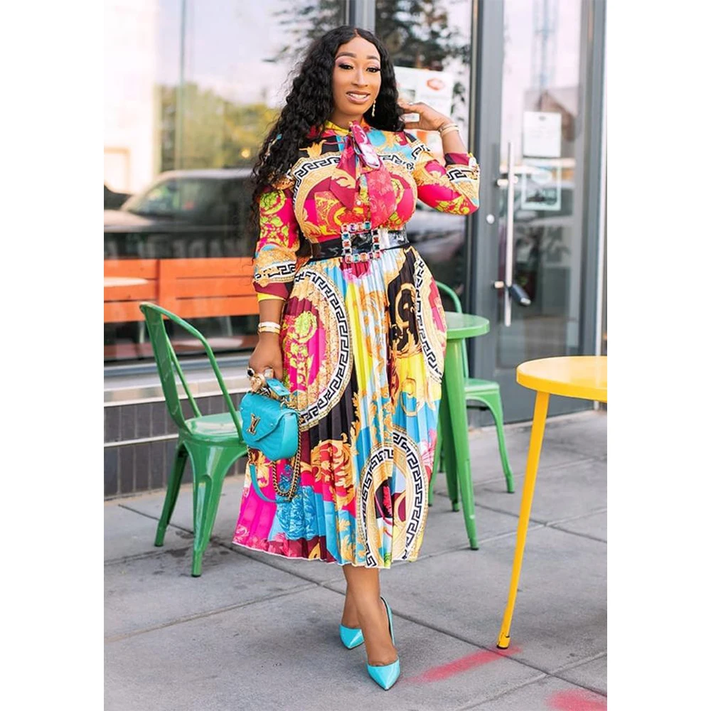 

New Style Printed Bow Neck Mid-Length Skirts Three-quarter Sleeves Dresses African Women's Party Birthday Party