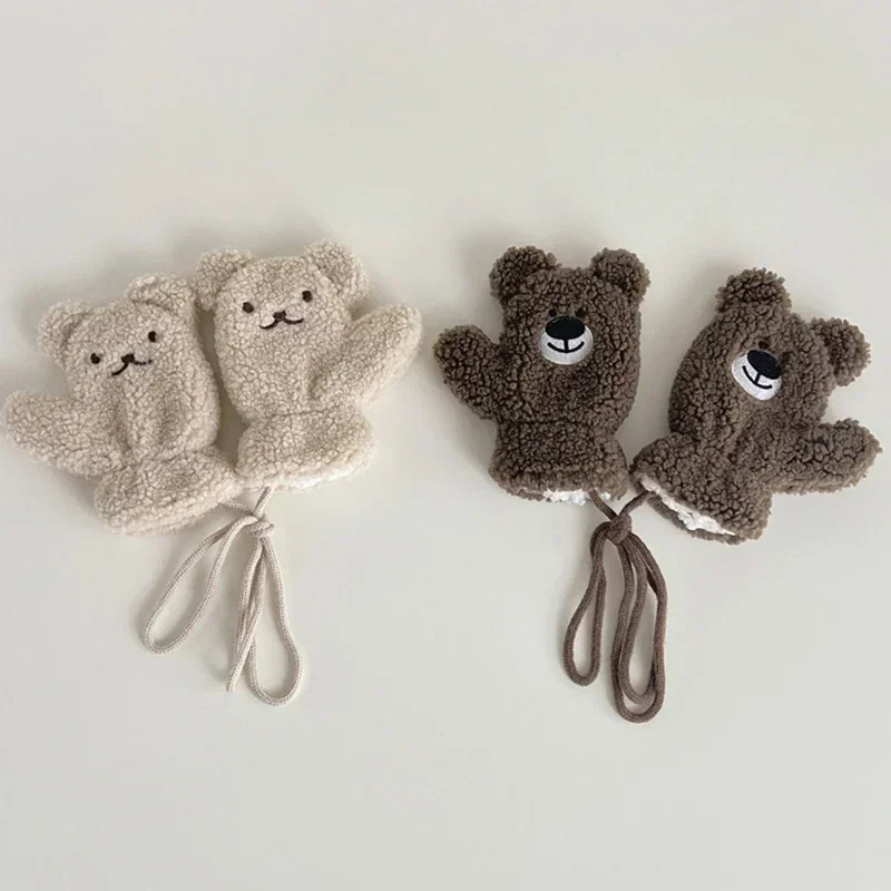 Baby Thicken Plush Warm Mitten Cute Cartoon Bear Girls Children with Rope Mittens Comfortable Windproof Boys Kids Outdoor Gloves