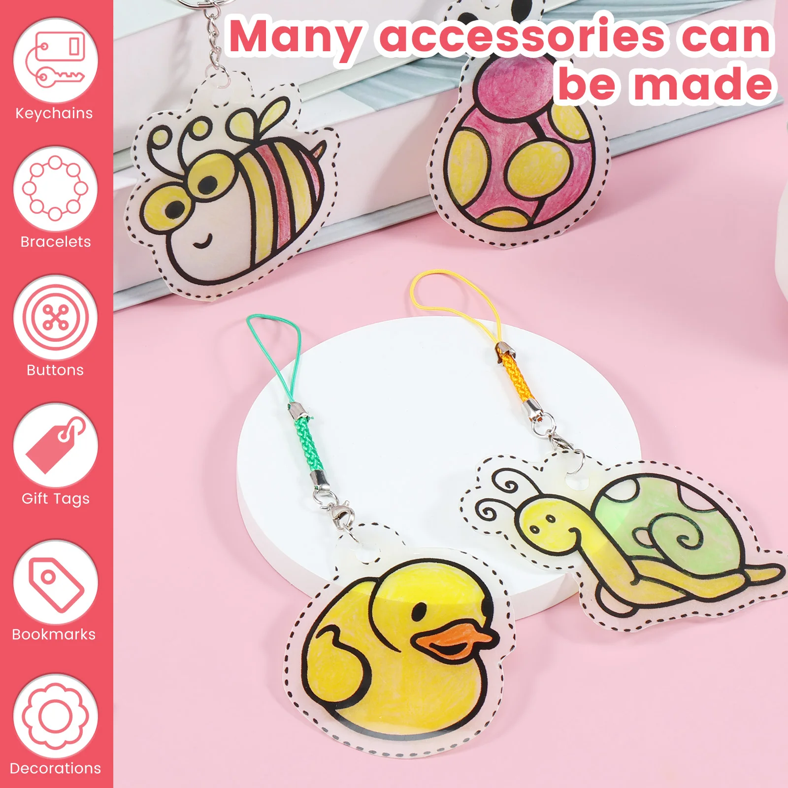 Craft Supplies Heat Shrink Plastic Sheet Shrinkles Film Paper Key Rings Kit DIY Handmade Art Shrinking Keychain 200Pcs for Gift