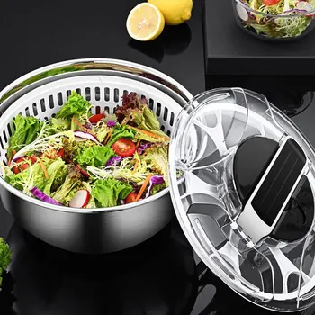Salad Spinner Stainless Steel Manual Press Type Vegetable Spinner Multifunctional Home Vegetable Fruit Washer Drain Strainer