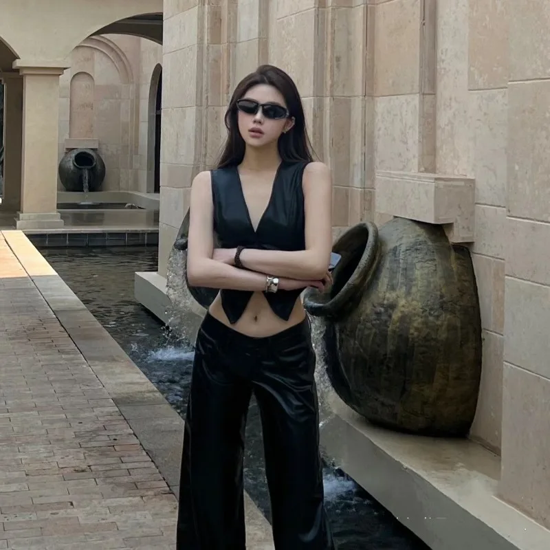 Deeptown Gothic Style Black Cropped Leather Vest Women 2024 Summer Vintage Y2k Sexy Fashion Sleeveless Jacket V-neck Streetwear