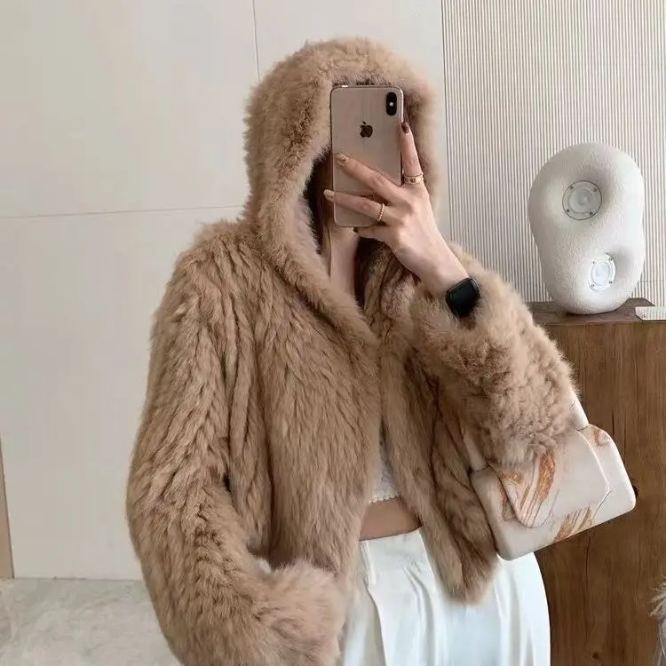 Autumn Winter Women Real Rabbit Fur Coat 100% Natural Fur Jacket Loose Manual Weave Quality Streetwear Hooded Flare Sleeves New