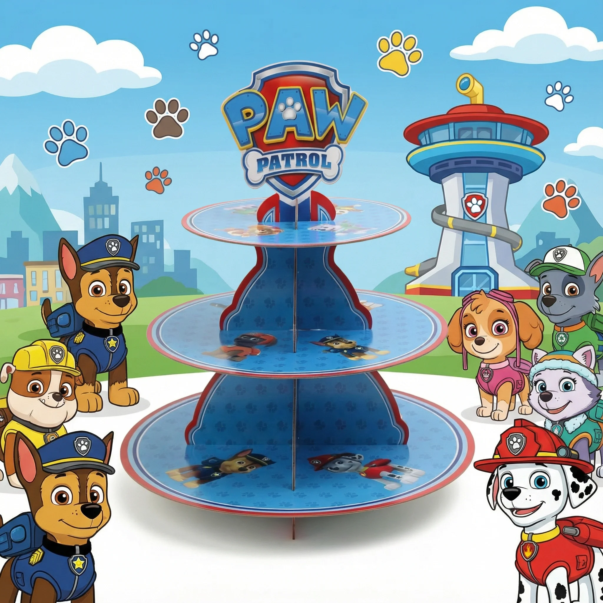 Paw Patrol Dreistufiger drehbarer Tortenständer zum Thema Geburtstagsparty-Dessert-Display für Kinder, Cartoon-Patrouillen-Hunde-Dekorationen