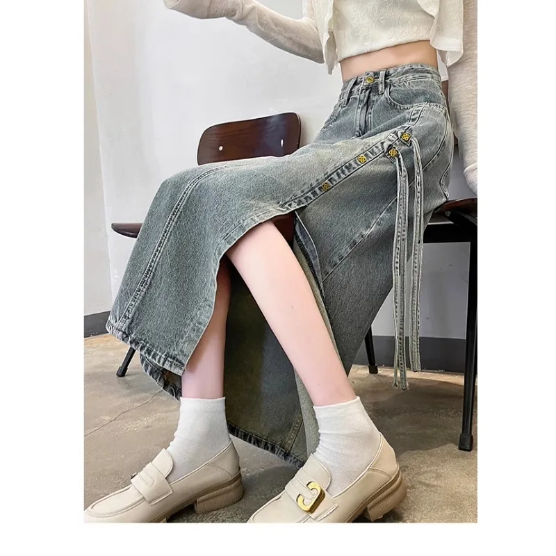 

Chinese Style Denim Skirt, Women's Thin High Waisted Split Mid Length A-line Buttocks Wrapped Skirt y2k