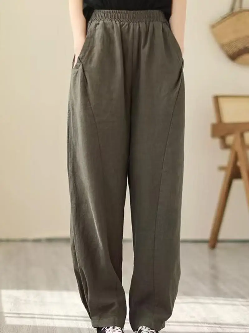 

Fashion Woman Cotton And Linen Elastic Waist Pants 2023 Spring And Summer New Loose Trousers All-match Vintage Casual Bloomers