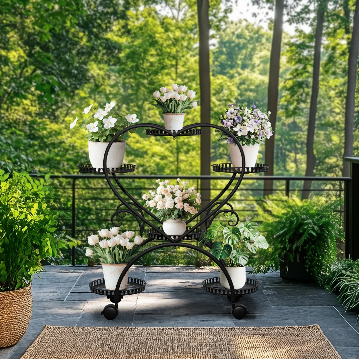6 Potted Heart-shaped Rolling Metal Plant Stand on Wheels Garden Cart  Flower Pots Organizer Rack for Patio, Balcony - AliExpress, image size:1500x1500