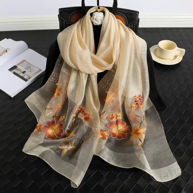 

2023 New Gold Silk Embroidered Silk Scarf Elegant Versatile Silk Wool Blend Scarf Silk Wool Embellished Shawl