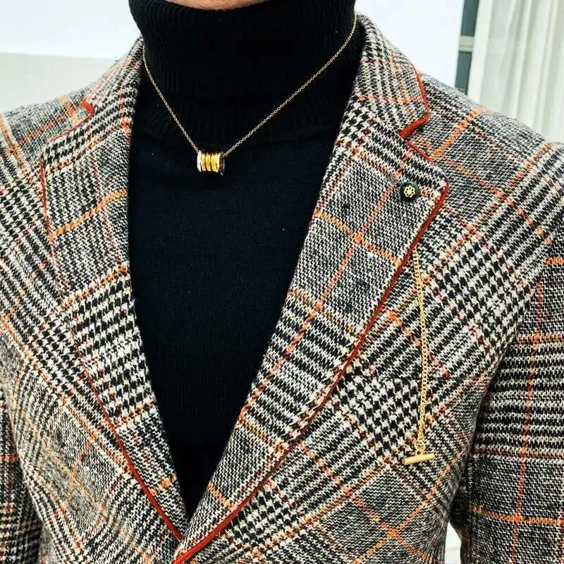 Men Wool blend Blazer Plaid Suit Jacket Men Blazer Masculino Vintage Terno Masculino Blazers Terno Blaser Homens