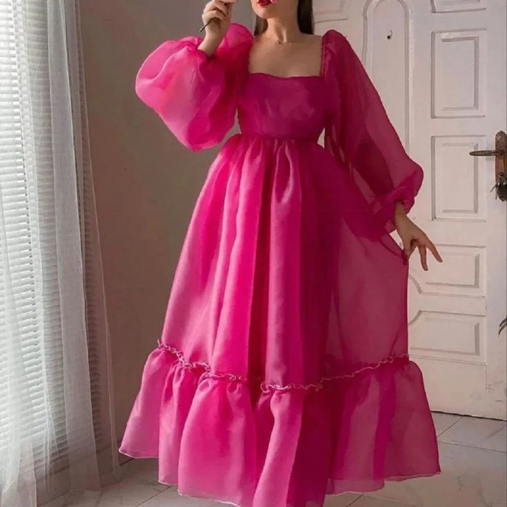 

Fuchsia Puff Long Sleeves Organza Prom Dresses Pleats Ankle Length Midi Homcoming Party Dress Formal Graduation Evening Gowns