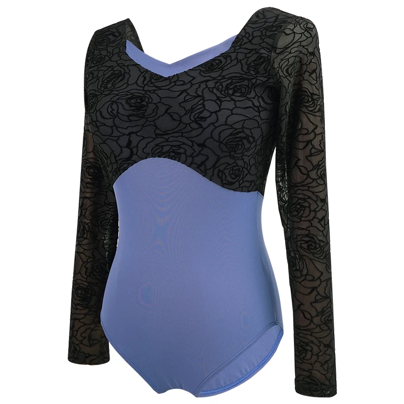 Ballet Leotards Woman Gymnastics Leotards Flocking Splice Dance Leotard Square Collar U Back Long Sleeves Nylon Dancing Bodysuit