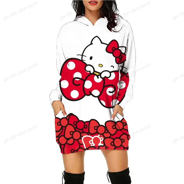 thumbnail image 1 of Vestido sexy hasta la rodilla para mujer, de primavera y otoño, con capucha, manga larga, con bolsillos de HELLO KITTY, vestido sencillo e informal ajustado, 1 of 5