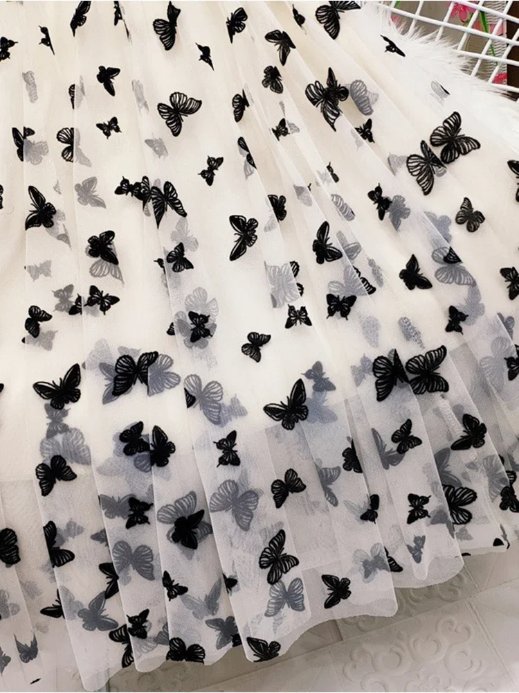 Butterfly Flocking Tulle Long Skirt Women Aesthetic Casual A Line Elastic High Waist Midi Mesh Skirt Female Black 2