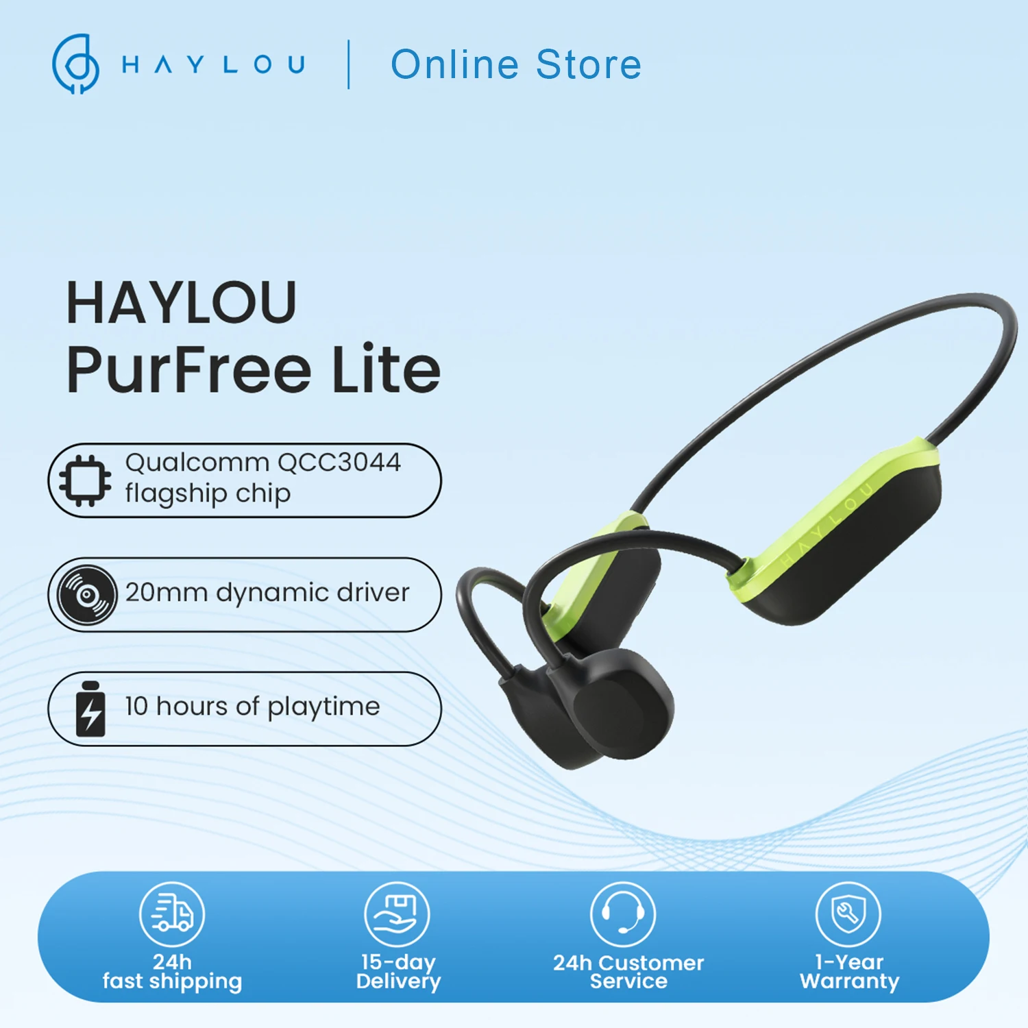 

HAYLOU PurFree Lite Bone Conduction Earphone Dual Noise-canceling Sports Headphones Open-ear fit Qualcomm 10 Hours of Playtime