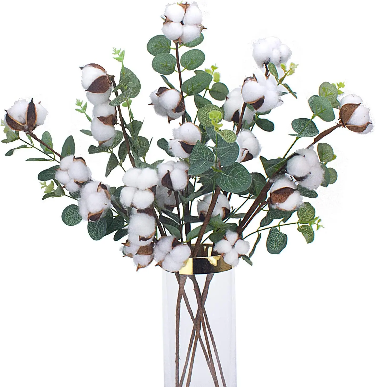 

6pcs 23.5" Cotton Stems 4 Cotton Heads with Eucalyptus Leaves for Home Farmhouse Style Floral Decoration