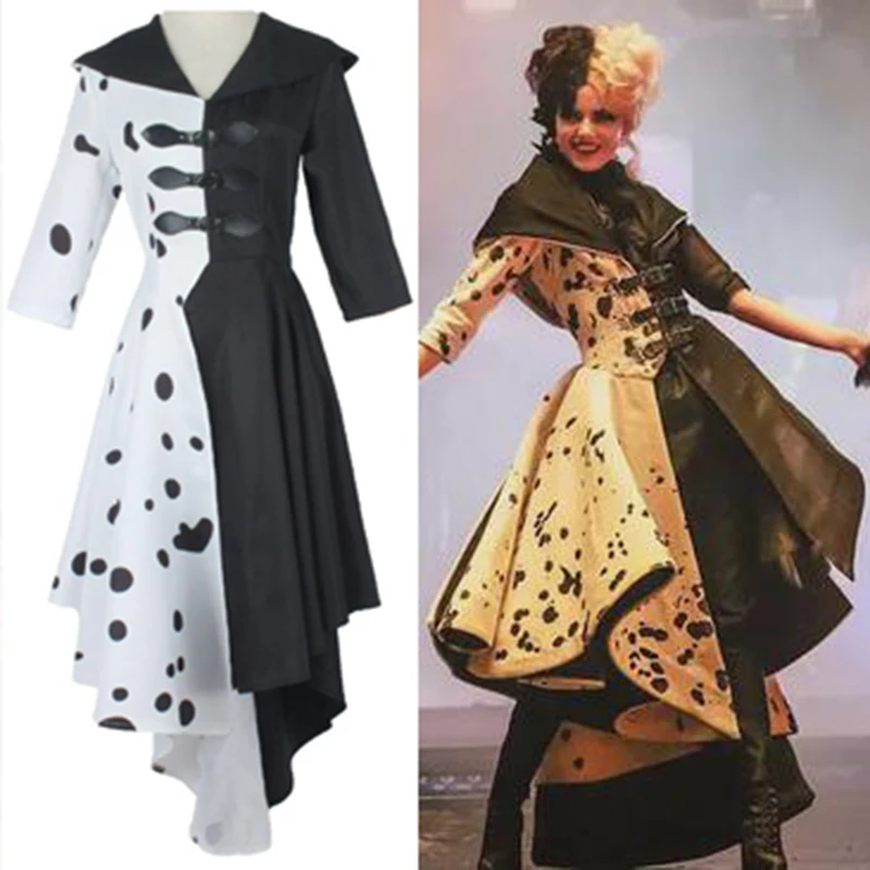 

Cruella De Vil Cosplay Costume Women Halloween Party Cos Suits Gown Black White Maid Dress With Gloves Hoodie Skirt Wigs Outfits