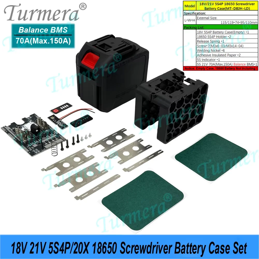 Turmera 새로운 18V 21V 스크루드라이버 배터리 케이스 20X 18650 코어 50A 새로운 70A 밸런스 BMS 용접 니켈 세트 마키타 배터리용