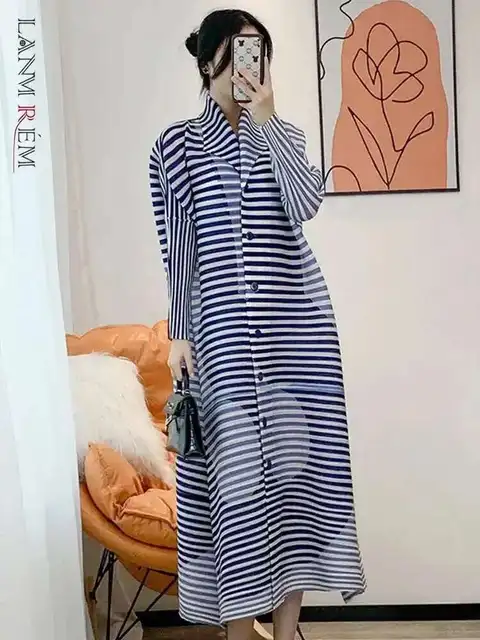 LANMREM Pleated Design Sense Fashion Striped Print Dress Women 2025 Spring New Temperament Cardigan Lapel Long Dresses 2DE377