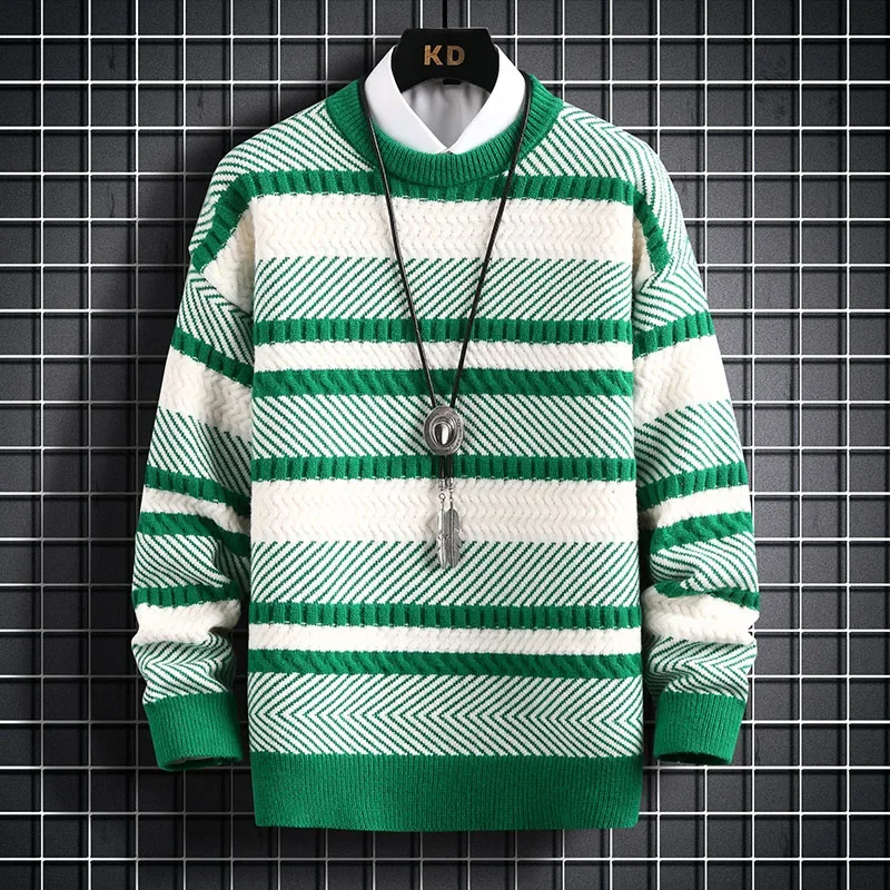 

Stripe Thickened Warm Sweater/ High Quality Men's Autumn Winter Crew Neck Color Blocking Loose Slim Fit Casual Knitting Pullover
