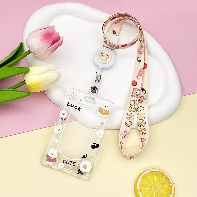 Kawaii Plastic Cartoon Cards Protecting Cover Clear Pig Bear Frog Card Holders with Long Rope Key Chain Student Bus Card Holder