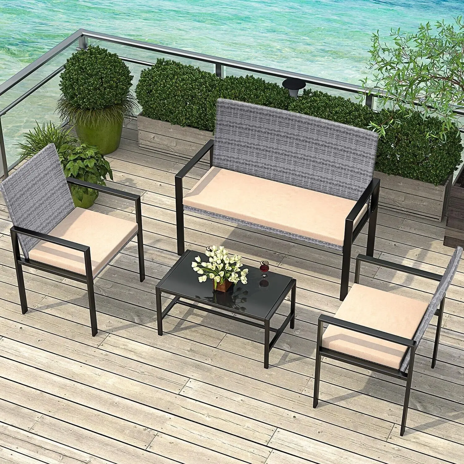 

4PCS Outdoor Patio PE Rattan Wicker Table Set Sofa Furniture w/ Cushion