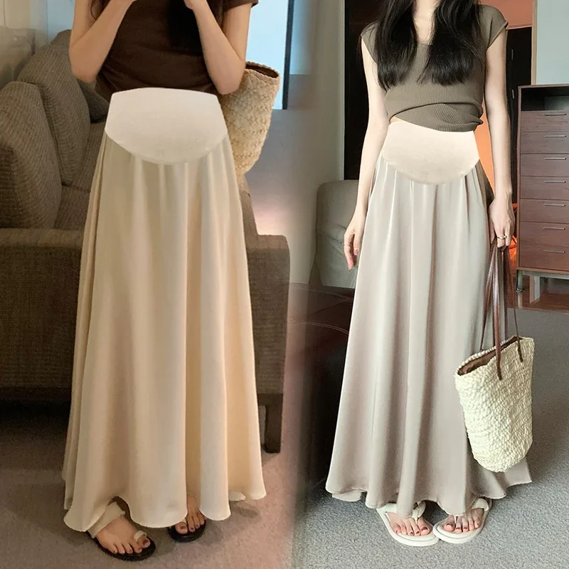 Korean Style Maternity Belly Skirts High Waist Long Design Pregnant Woman A-line Skirts Solid Color Pregnancy Umbrella Skirt