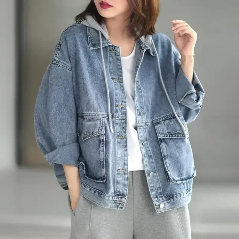 한국 데님 자켓 여성 봄 신상 캐주얼 루즈 슬리밍 오버사이즈 후드 빈티지 청자..