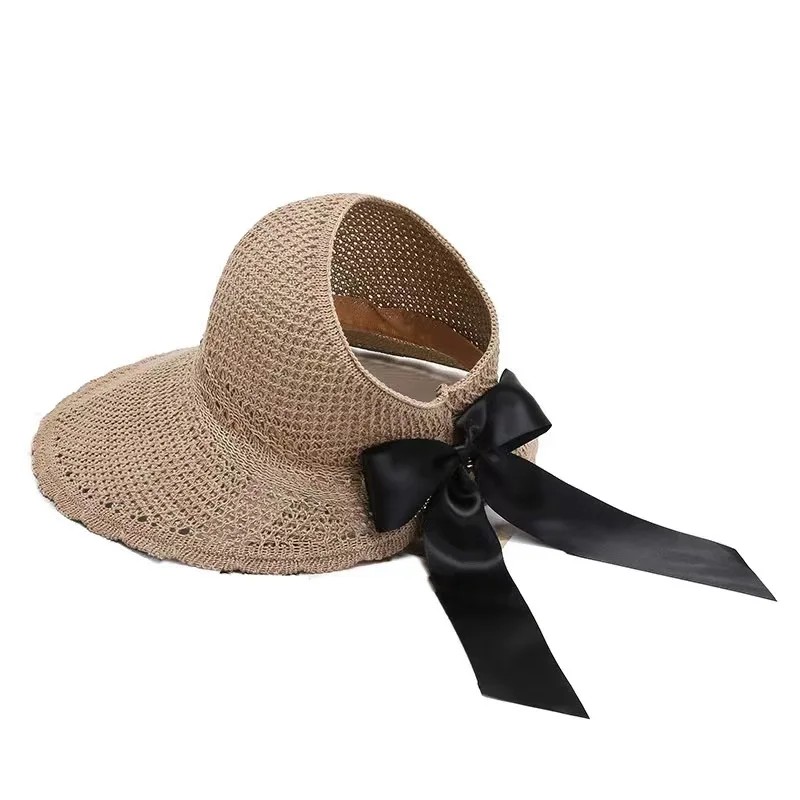Women Summer Big Wide Brim Straw Hat Female UV Protect Ponytail Beach Sun Hats Hollow Top Foldable Ribbon Bows Ladies Panama Cap