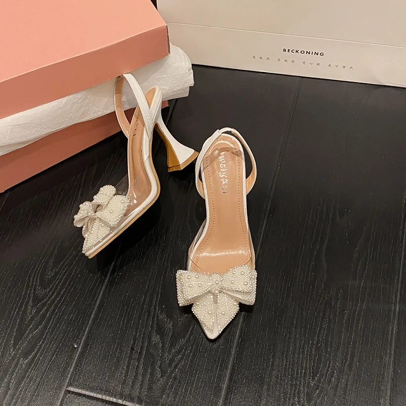 Fashion Design White Pearl Bowknot Women Pumps Sexy Pointed Toe High Heels Wedding Prom Shoe PVC Transparent Sandal Female