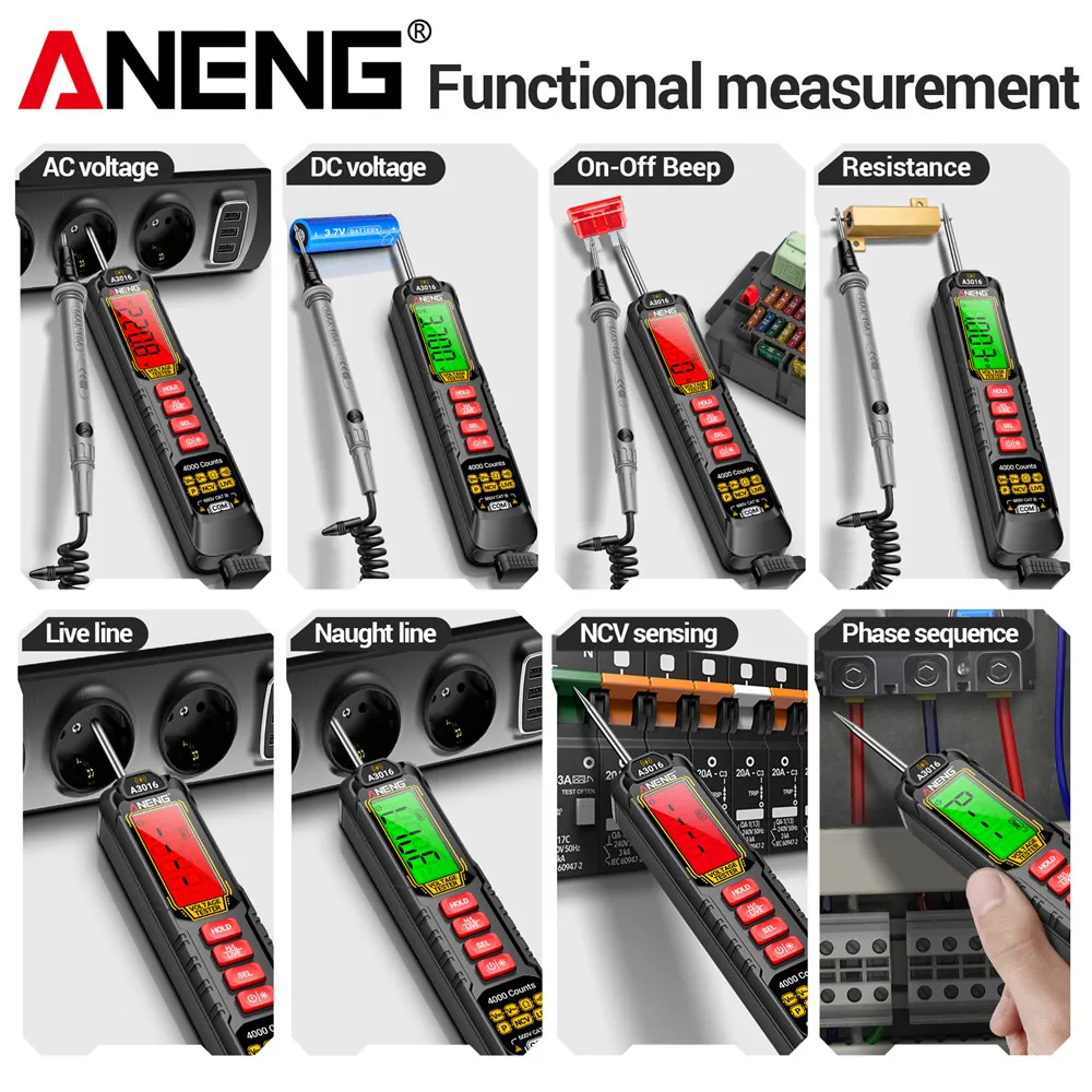 ANENG A3016 Digital Pen Multimeter 500mA Rechargeable Tester 4000 Counts AC/DC Voltage 40MOhm NCV Detector Tools