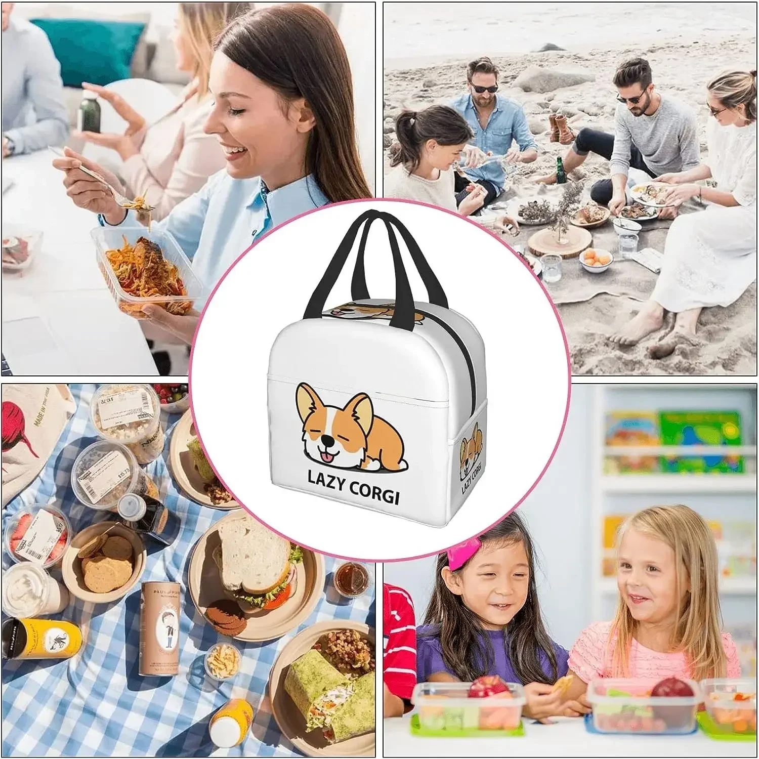 Lazy Welsh Corgi Puppy Lunch Box Insulated Bento Box Reusable Waterproof Lunch Bag with Front Pocket For School Office Picnic