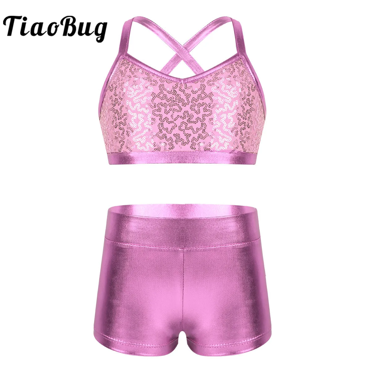 

Kids Girls Sequins Dance Costumes Set Ballet Dance Gymnastics Leotard Cami Crop Top with Shorts Outfit Performance Clothes