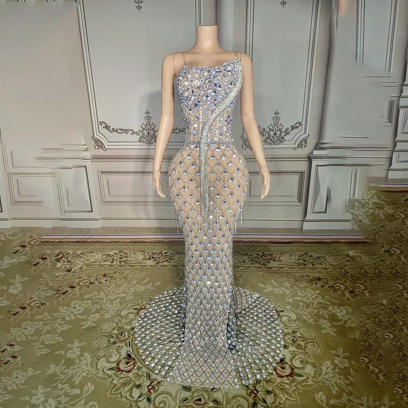 Charming Bright Crystal Dress Sexy Luxury Beaded Rhinestone Tulle Evening Dress Prom Party Dress Noble Wedding Wedding Dress 2