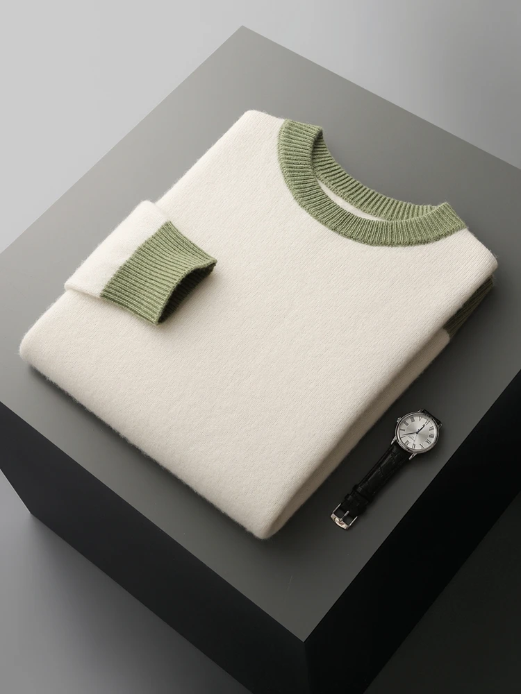 New Chic Men's Cashmere Sweater O-neck Long Sleeve Pullover Autumn Winter 100% Cashmere Knitwear Smart Casual Clothing Tops 2