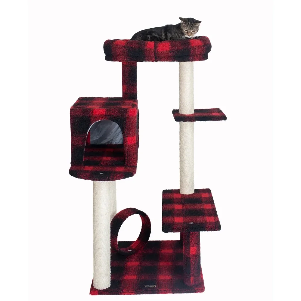 

Tower for Cats Climbing Tree Model B5008 50-inch Height Classic Real Wood Cat Tree With Veranda Scratcher With a House Bench Pet