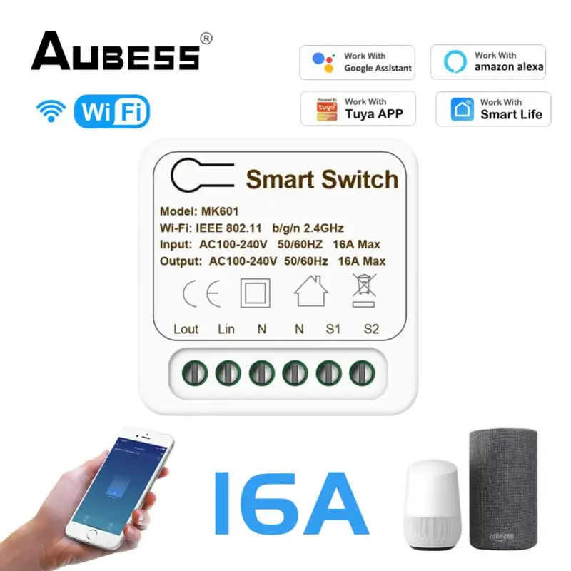 16A MINI Wifi Smart Switch Supporte 2-way Control Timer Wireless Switches Smart  Automation Compatible With Tuya Alexa Google