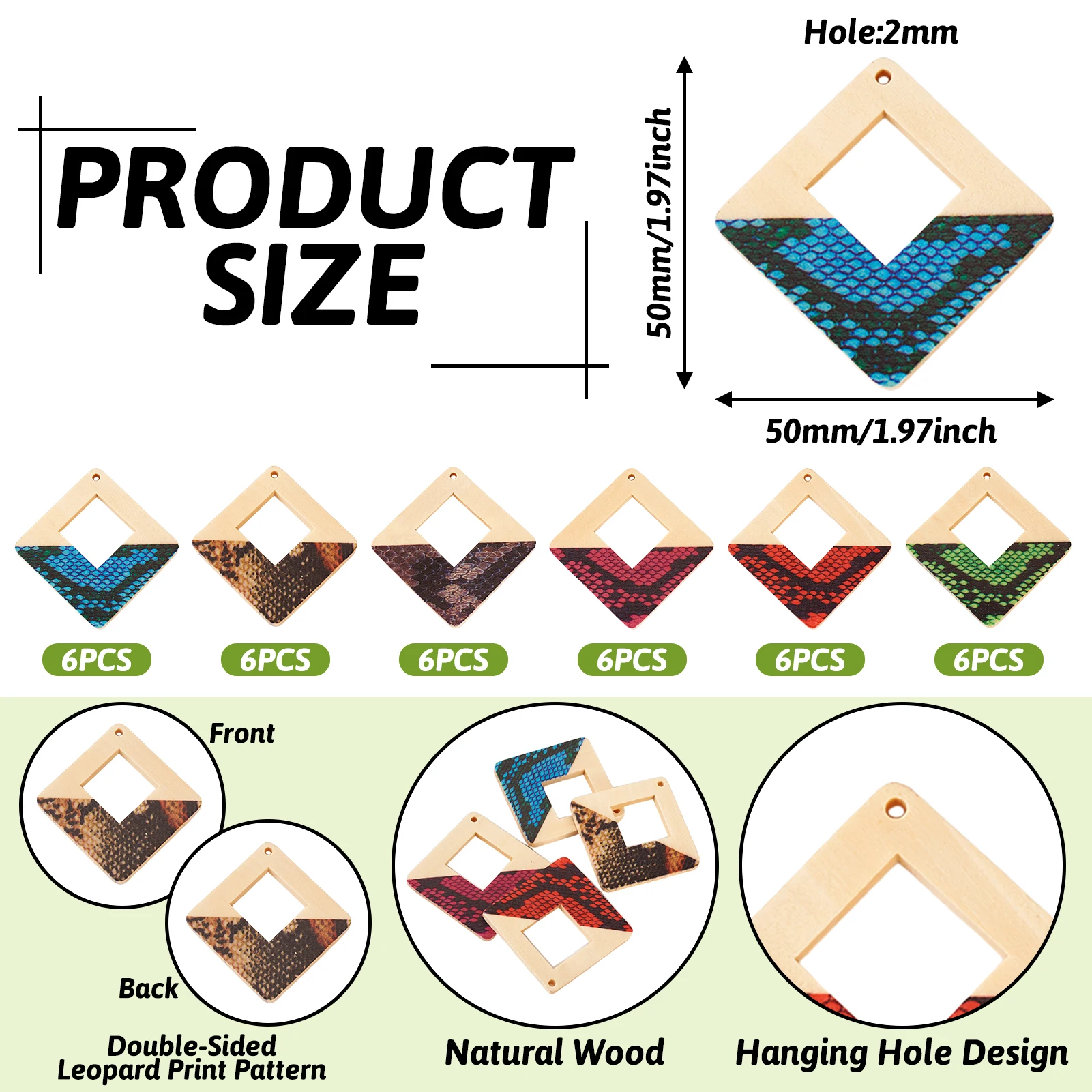 36Pcs Painted Wood Big Pendants Double-Sided Leopard Print Rhombus Charm for DIY Dangle Earrings Jewelry Making