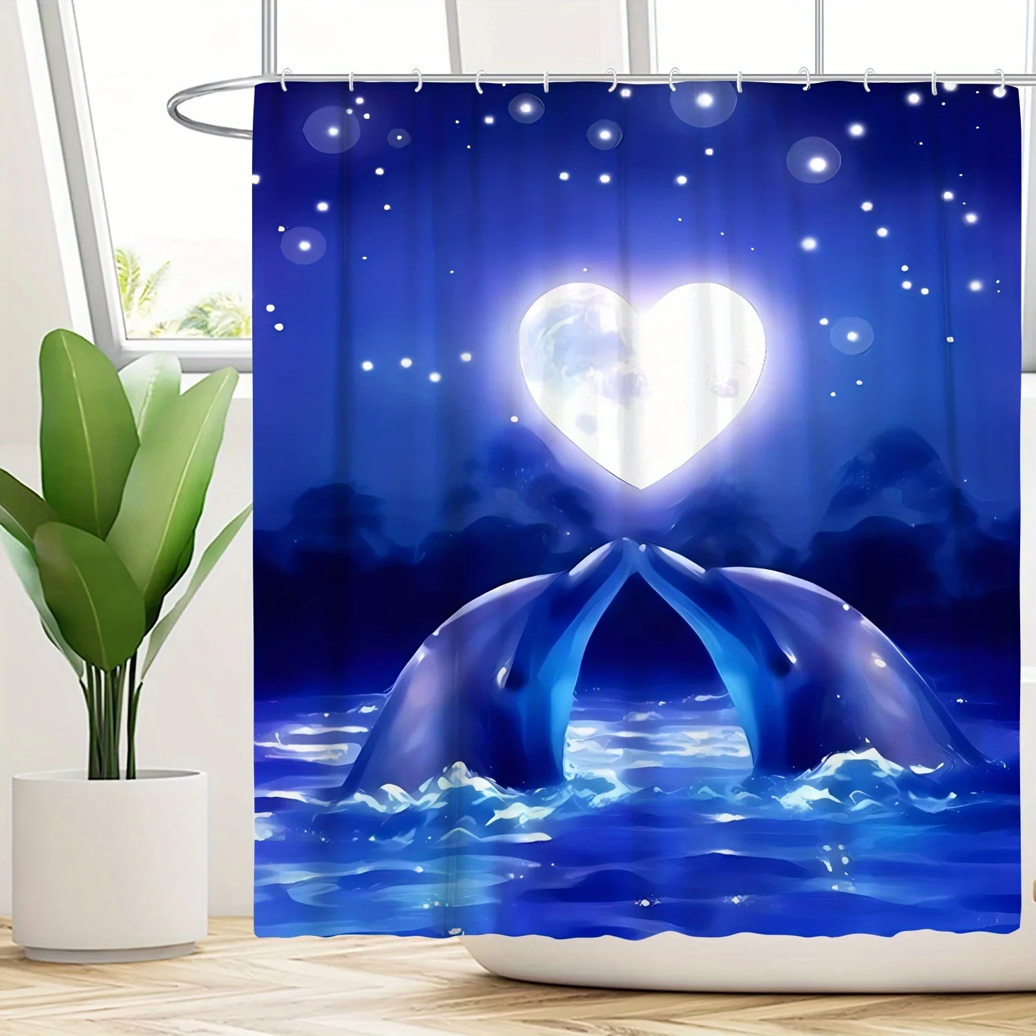 Romantic Dolphin Heart Ocean Theme Bathroom Set - Waterproof Shower Curtain, Toilet Lid Cover, Bath Mat, and Contour Mat 5