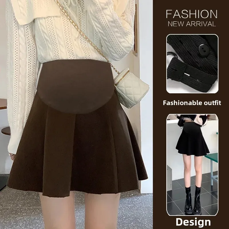 High Waist A- Line Mini Skirt for Pregnant Women Autumn Winter Woolen Sweater Outerwear Versatile Short Skirt Childproof
