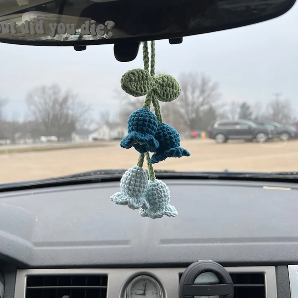 Cute Car Mirror Hanging Lily Of The Valley Flower Interior Rear View Mirror  Flower Car Accessories Crochet Kawaii Toy Gift - Ornaments - AliExpress