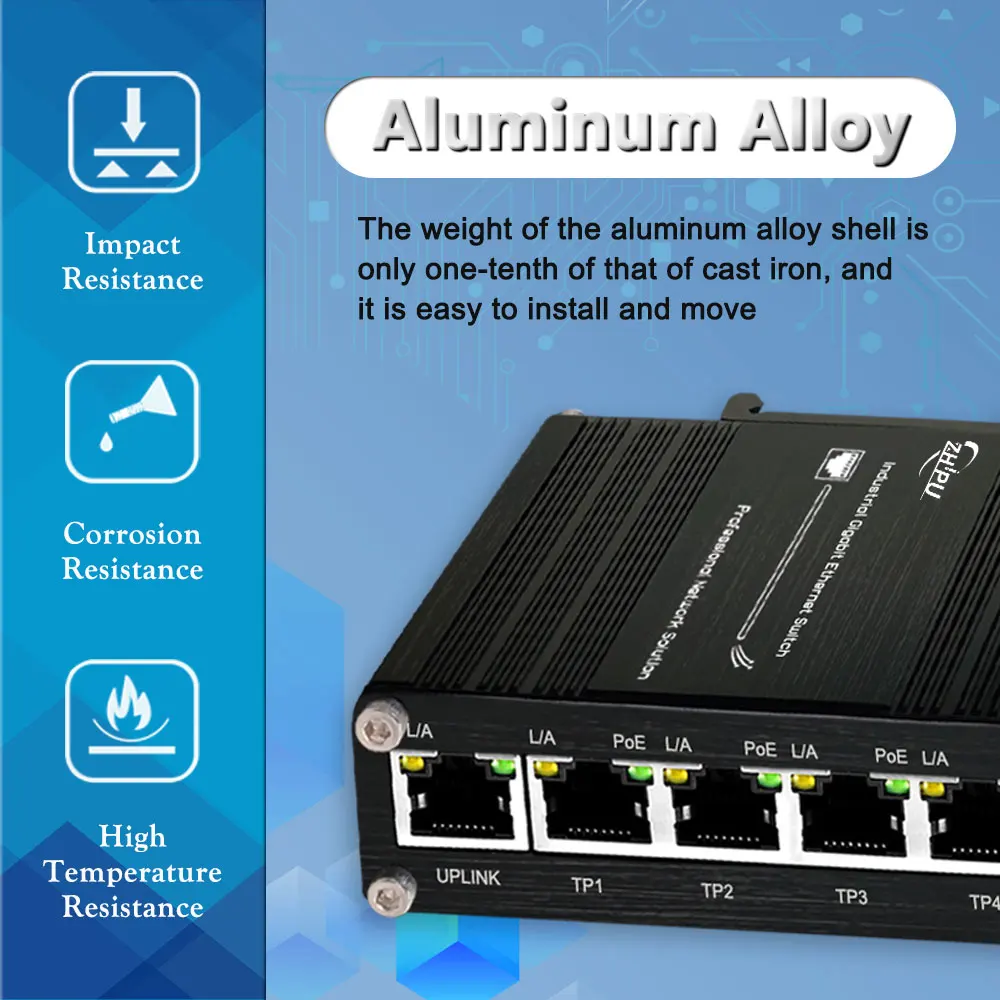 Mini Industrial 5 Ports PoE Gigabit Ethernet Switch Hardened RJ45 10/100/1000Mbps Din Rail Mount Switch Aluminium Case IP40