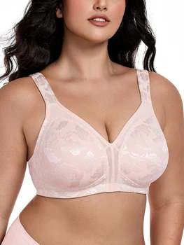 Wingslove Plus Size Wireless Bra for Women, Wide Strap Small V-Neck, Soft Comfortable Lace Bra, Foldable Seamless Daily Lingerie