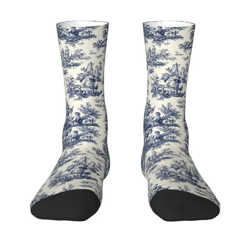 

Cute Men's Vintage Toile De Jouy Dress Socks Unisex Breathbale Warm 3D Printed Navy Blue And White Crew Socks