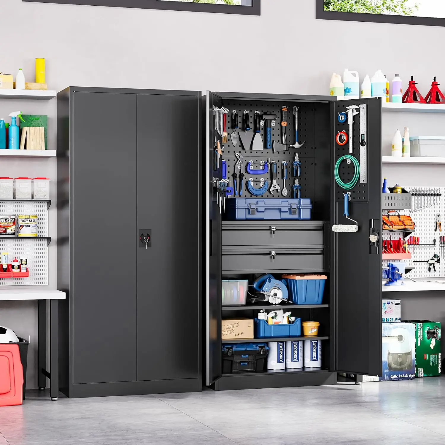 Metal Garage Storage Cabinet with Locking Doors and 2 Drawers Heavy Duty Steel Tool Cabinet with Pegboard 71" Lockable Cabinets 2