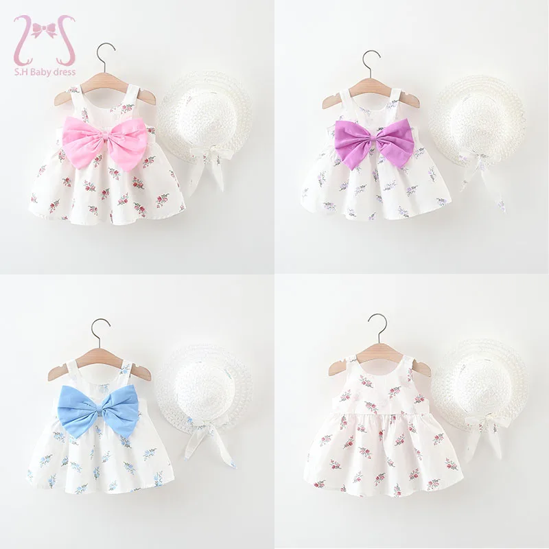 

2Pcs/Set Delicate Kids' Clothing Sweet Floral Bow Baby Girl Dresses Summer Thin Cute Toddler Costumn 0-3 Y Infants Clothes + Hat