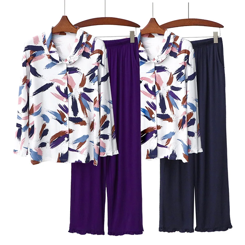 

Весенний комплект из брюк с длинным рукавом и принтом, модал с Европейским плотным плетеным кружевом и деревянным воротником, контрастная домашняя одежда для женщин