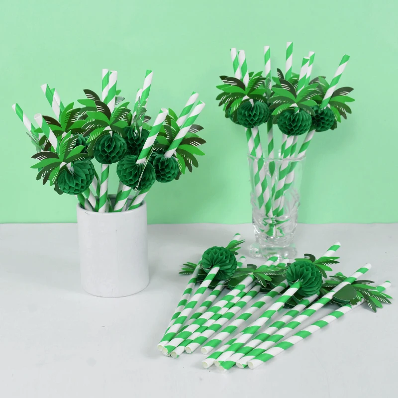 Summer Hawaiian Green Coconut Honeycomb Paper Straw Beach Party Birthday Cocktail Drinking Disposable Tableware Straw Decor 20pc