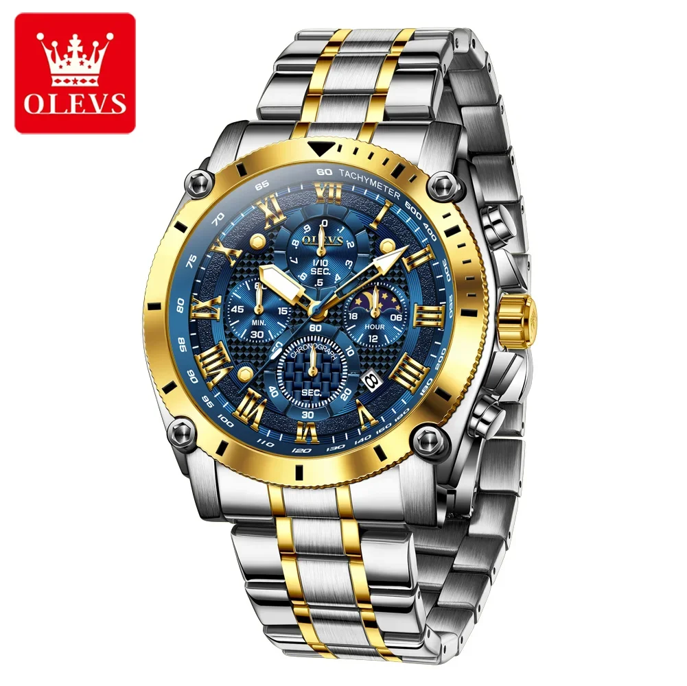 OLEVS Men's Multifunctional Moon Phase Chronograph Quartz Watch - Waterproof Sports & Business Timepiece