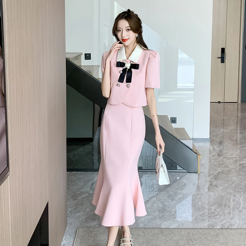 

Женский комплект из двух предметов, очаровательный маленький топ с пуговицами и бантом и короткая юбка рыбий хвост, летний комплект из двух предметов