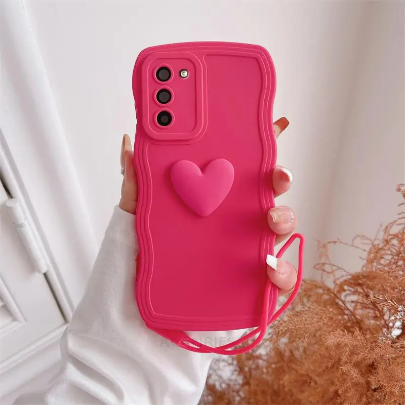 Love Heart Wavy Wrist Strap Silicone Phone Case with Lanyard Cover